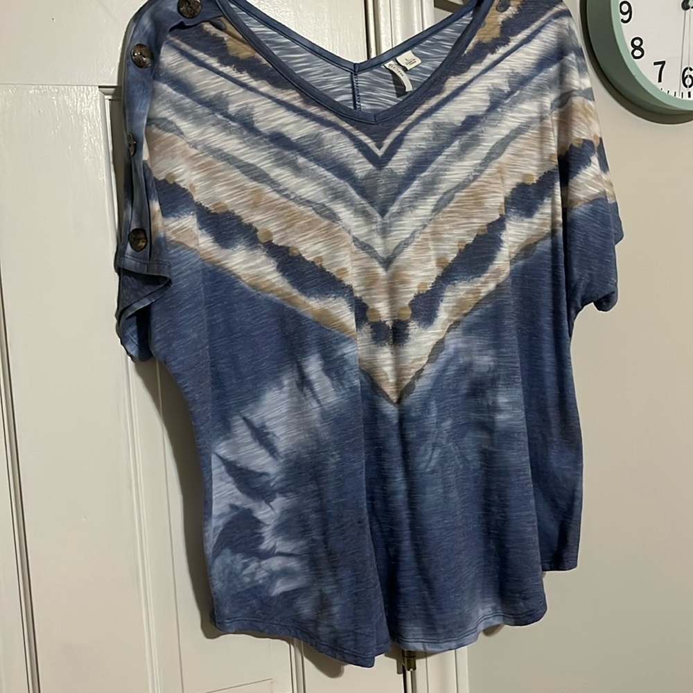 Blue and tan colored vertical striped t- shirt